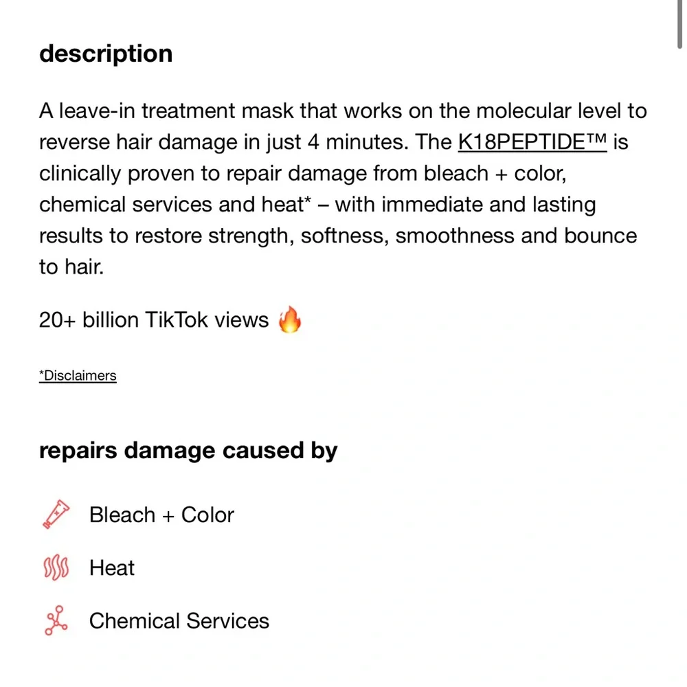 K18 Biomimetic Hairscience Leave-In Molecular Repair Hair Mask 5 fl oz